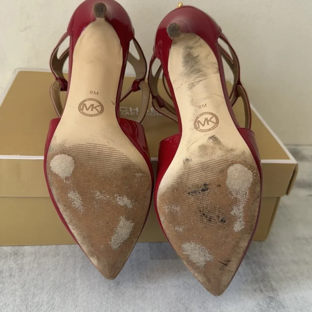 MICHAEL KORS Catia Red Pointed Toe Strappy High Heels 4" Patent Leather Sz.8 - Picture 11 of 15